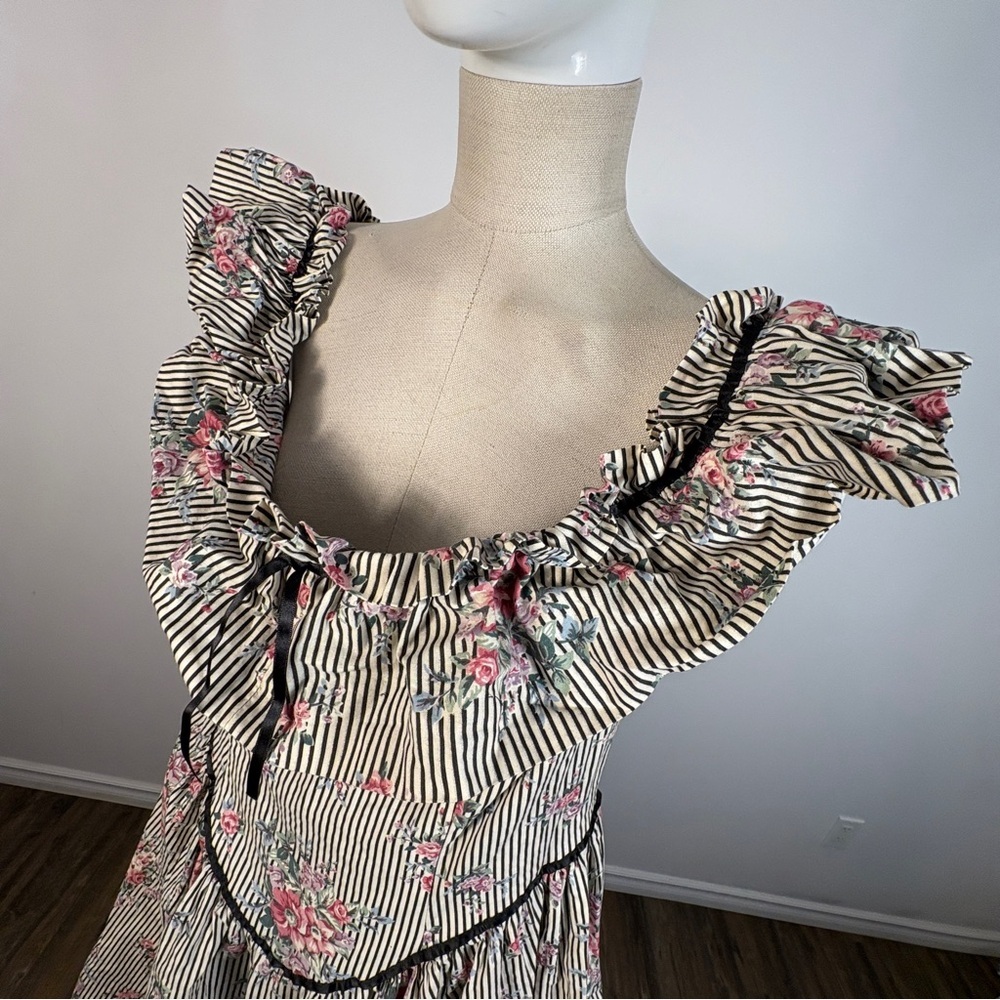 Vintage 80s Style Cottagecore Prairie Dress Floral Striped Ruffle Neck Plus Size - Picture 4 of 10